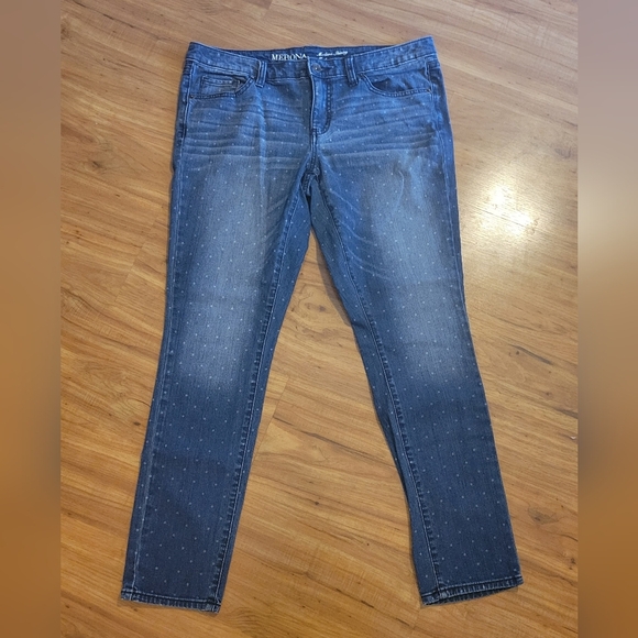 Womens Merona EUC size 12 modern skinny polka dot distressed cropped blue Jeans - Picture 1 of 7